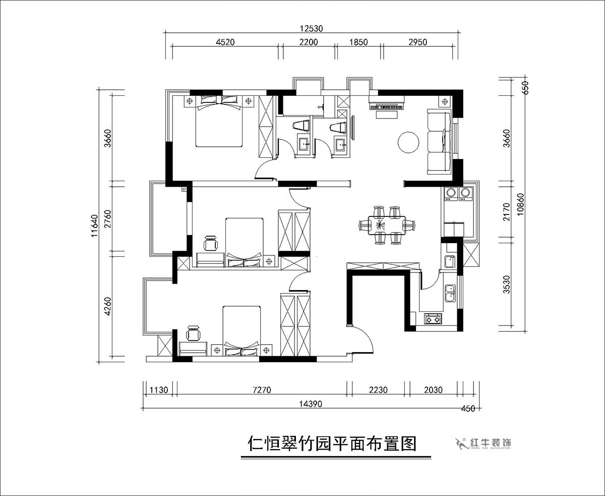 朱彦|仁恒翠竹园26-204-130㎡-简约风格|3室2厅2卫|老房装修|定制家|全包20万|00_02平面布置图