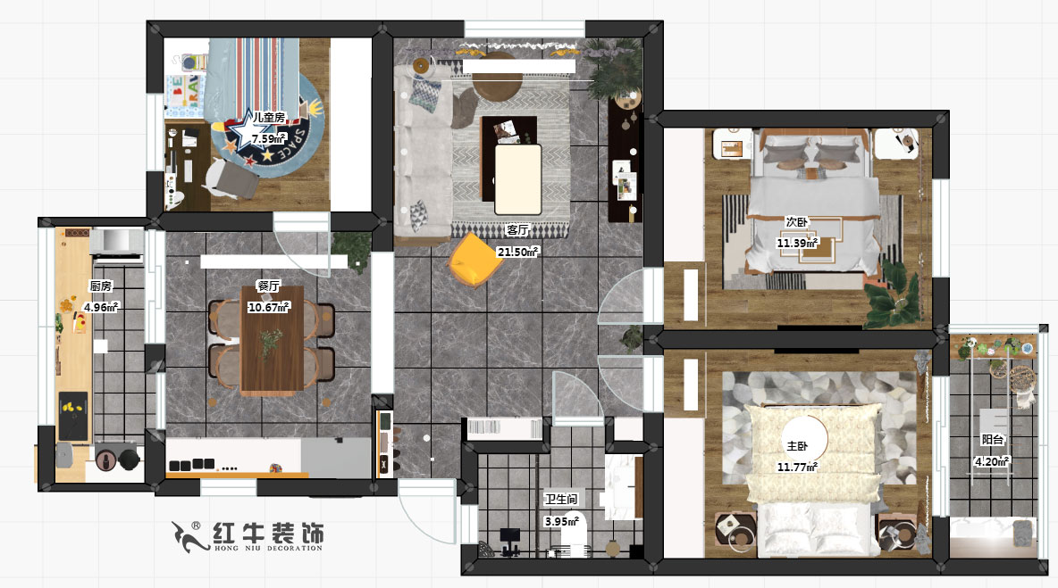 魏明花_南农大72-101-95㎡-北欧风格_3室2厅1卫_成品家¥142000_全包14万00彩平图