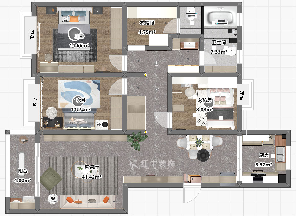 魏明花|鸿意星城19-302-130㎡-现代简约风格|3室2厅2卫|二手房装修|定制家|全包17