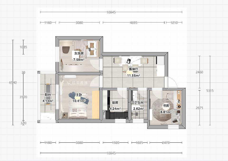 蒋琛|建邺路住宅小区72-1806-70㎡-现代简约风格|3室1厅1卫|老房装修|定制家|全包10万|00_03平面彩图
