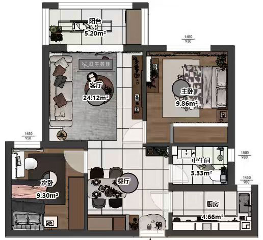 吴波|新江雅苑1-702-70㎡-现代简约风格|2室2厅1卫1厨1阳台|旧房装修|定制家|全包8万|00_03平面彩图