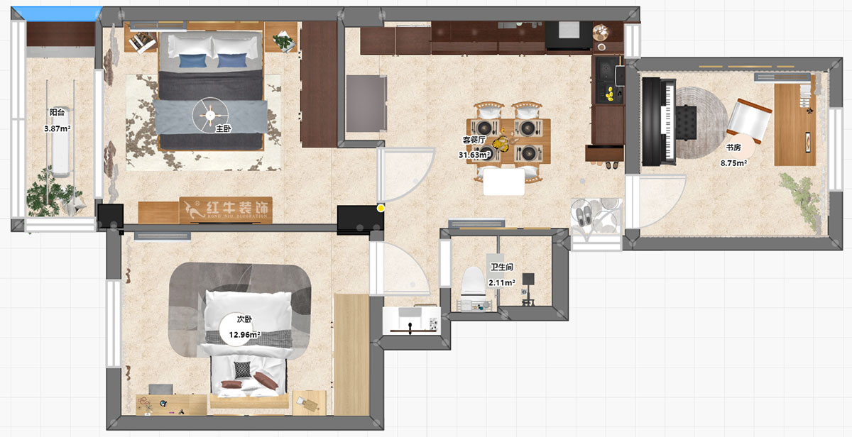 朱彦|玉带园9栋35-302-74㎡-简约风格|3室2厅1卫|老房装修|定制家|全包10万|00_03平面彩图