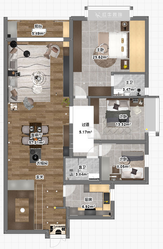 吴波|京隆名爵府3-1107-165㎡-现代风格|3室2厅2卫|新房装修|定制家|全包21万|00_04平面彩图