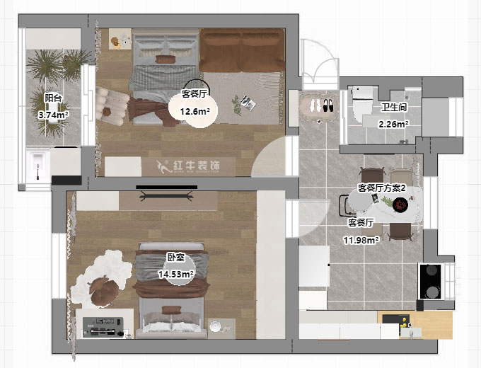蒋琛|瑞金路4号11-202-60㎡-简约奶油风|2室1厅1卫|二手房装修|定制家|全包9万|00_03平面彩图