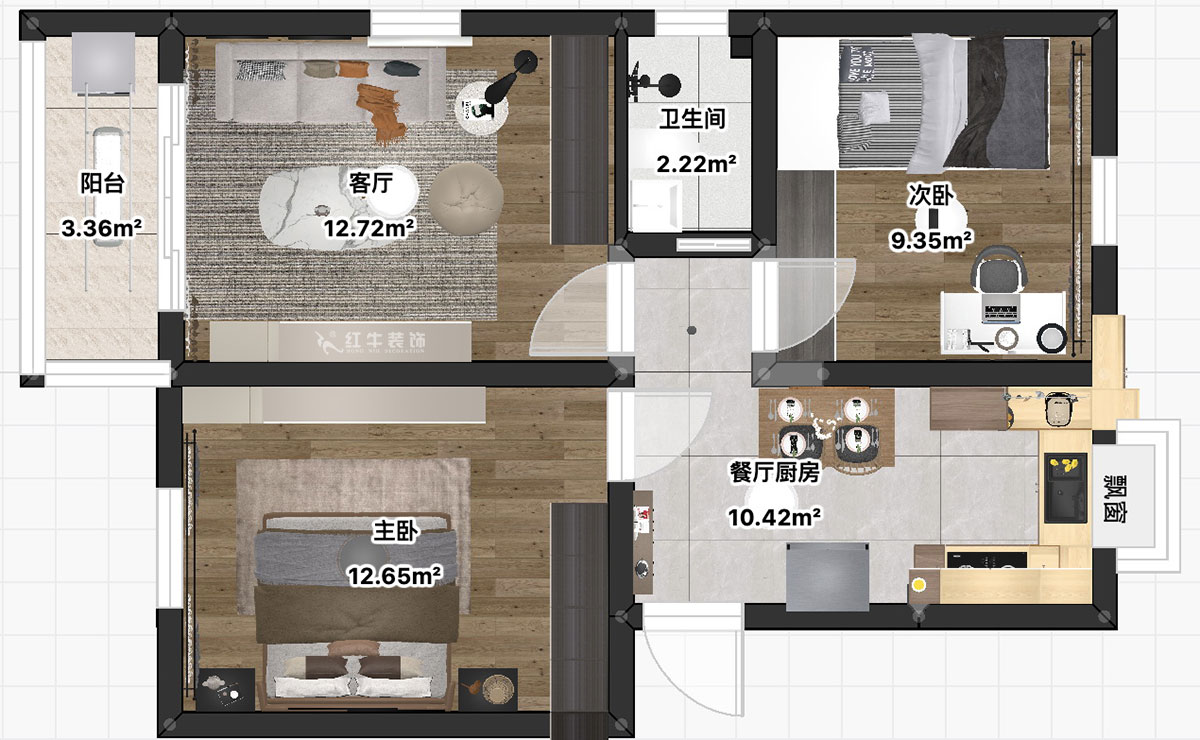 朱彦|普德村118号4-406-65㎡-简约风格|2室2厅1卫|老房装修|定制家|全包11万|00_03平面彩图