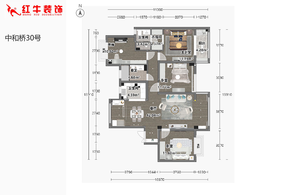 陆利民|中和桥30号29-1403-137㎡-美式风格|4室2厅3卫|新房装修|半包¥94990|半包9