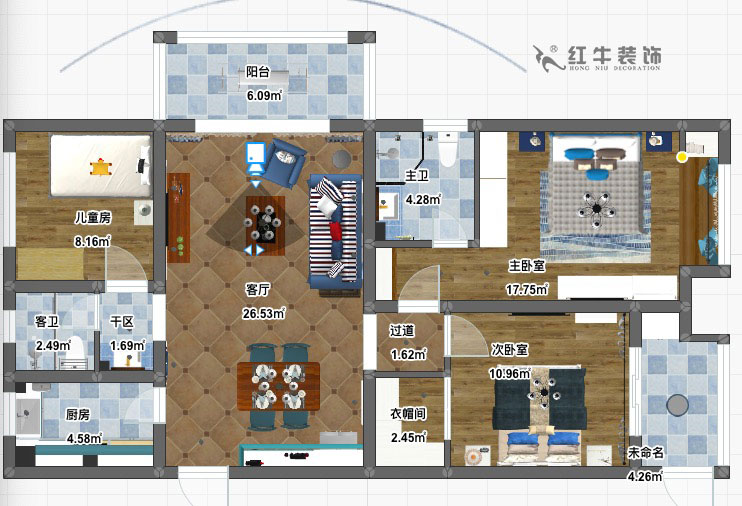 陆利民_碧景山庄6-201-117㎡-地中海风格_3室2厅2卫(新房装修)_成品家¥156700_全包15