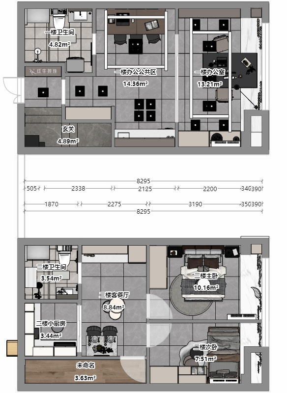 蒋琛|融信铂岸中心5号楼1218室-50㎡挑高-现代简约风格|3室2厅2卫|老房装修|定制家|全包12万|00_04平面彩图