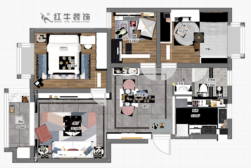 朱明琪_双和园15-1-702-95㎡-简美风格_3室2厅1卫(老房装修)_成品家¥128088_全包13万00_03彩平图