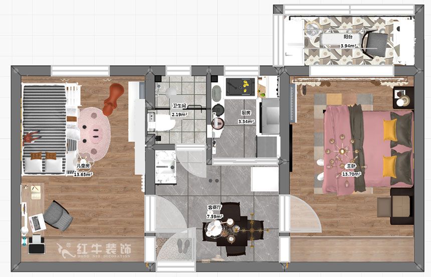 高灵慧|华新巷16-405-55㎡-北欧风格|2室1厅2卫|老房装修|定制家¥100000|全包10万|00_03彩平图