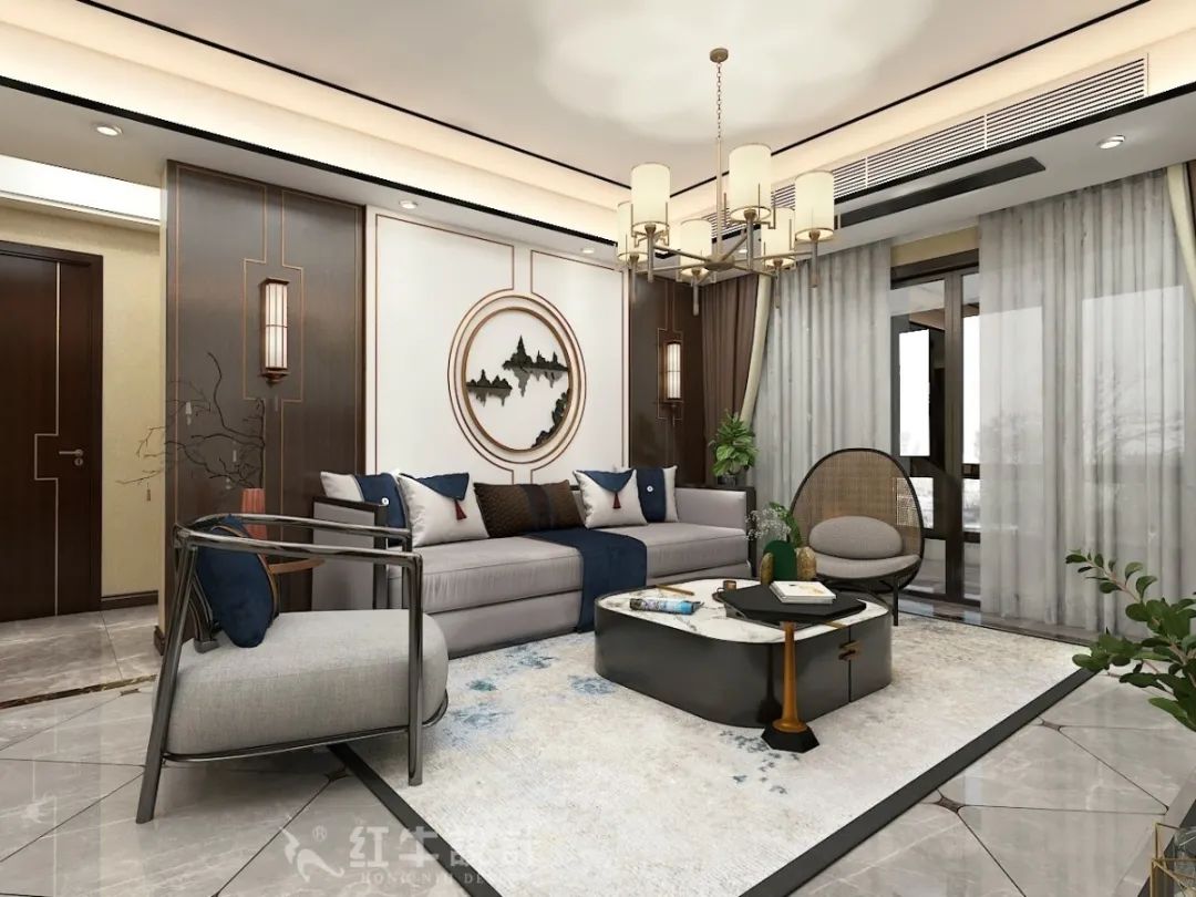 摩登7娱乐设计--创源龙樾140㎡新中式风格01创源龙樾140平方C1户型客厅