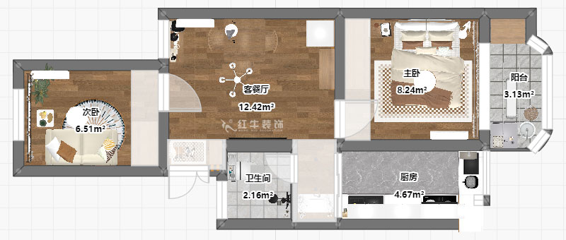 高灵慧|南苑台园26号9-401-60㎡-北欧风格|2室1厅1卫|老房装修|定制家|全包9万|00_03平面彩图