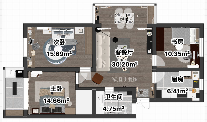 吴波|宏鹰花园2-601-103㎡-现代简约风格|3室2厅1卫|旧房装修|定制家|全包13万|00_04平面彩图