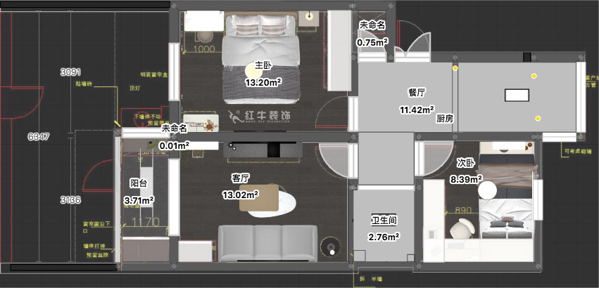 蒋琛|安德里30号玻纤院小区14-103-65㎡-现代简约风格|3室1厅1卫|老房装修|定制家|全包10万|00_03平面彩图