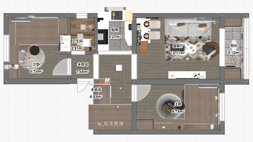 孟宪涛|张府园小区20号202室-70㎡-简约风格|2室1厅1卫|老房装修|定制家¥95000|全包12万|00_03平面彩图