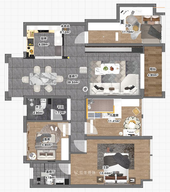 蒋琛|电建洺悦府二期北苑5-904-135㎡-轻奢风格|4室2厅2卫|新房装修|定制家|全包20万|00_03平面彩图