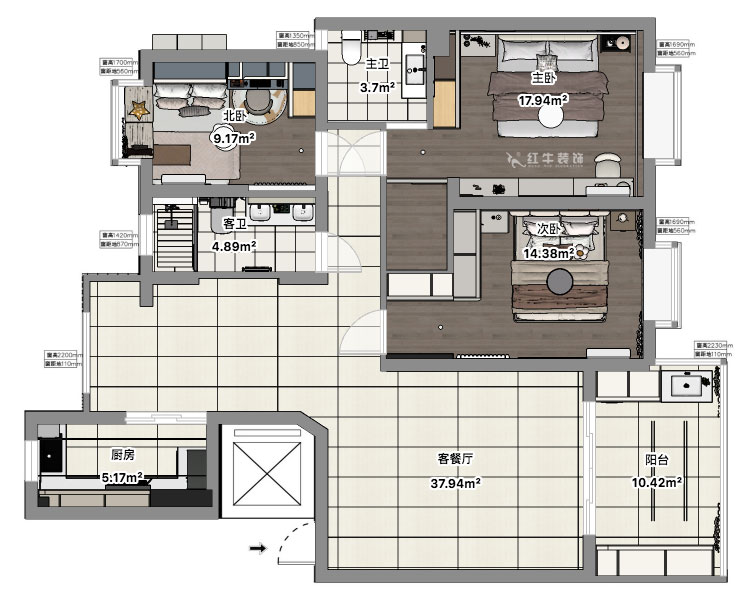 郭志成|澳丽嘉园4-605-126㎡-现代奶油风格|3室2厅1厨2卫|毛坯装修|定制家|全包19