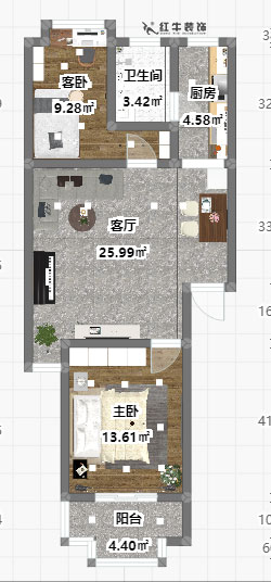 魏明花_一品嘉园2-305-76㎡-简约风格_2室1厅1卫_成品家¥117416→00彩平图